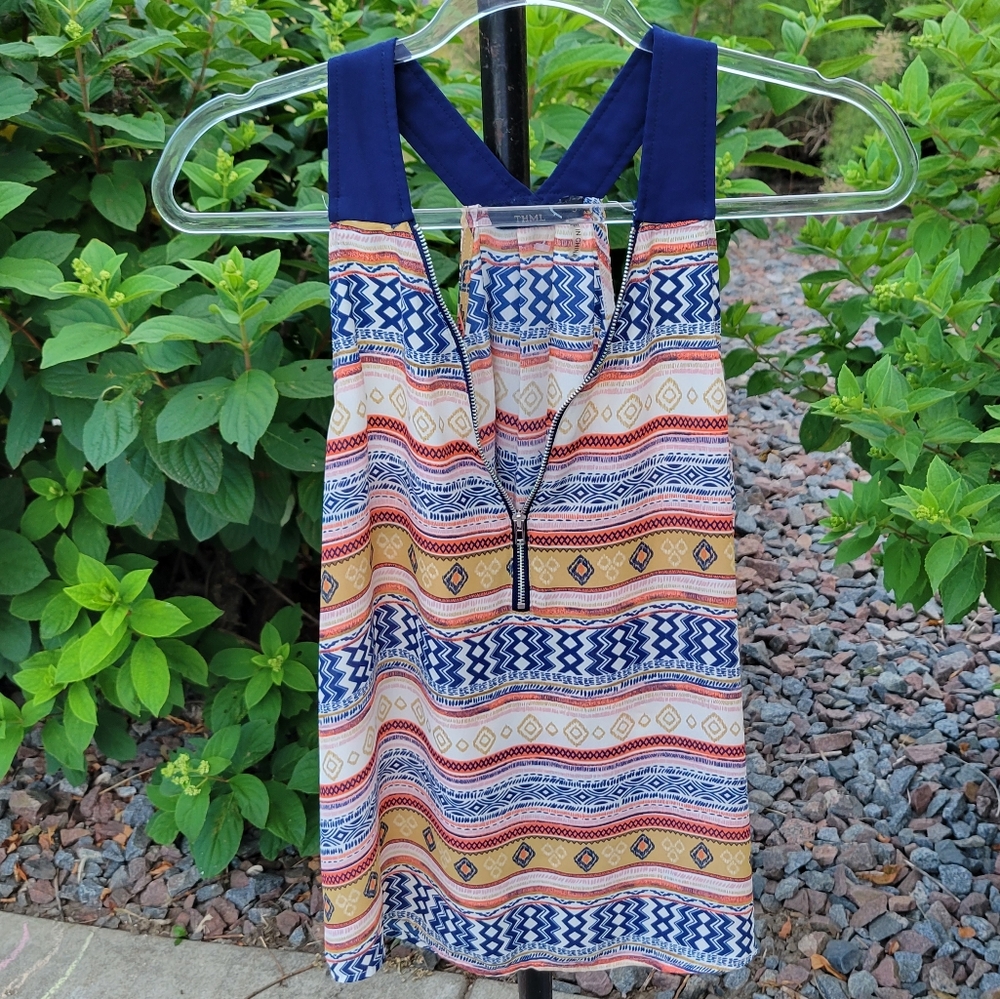 THML size small zipper front Aztec Navy orange mustard pleated sleeveles blouse